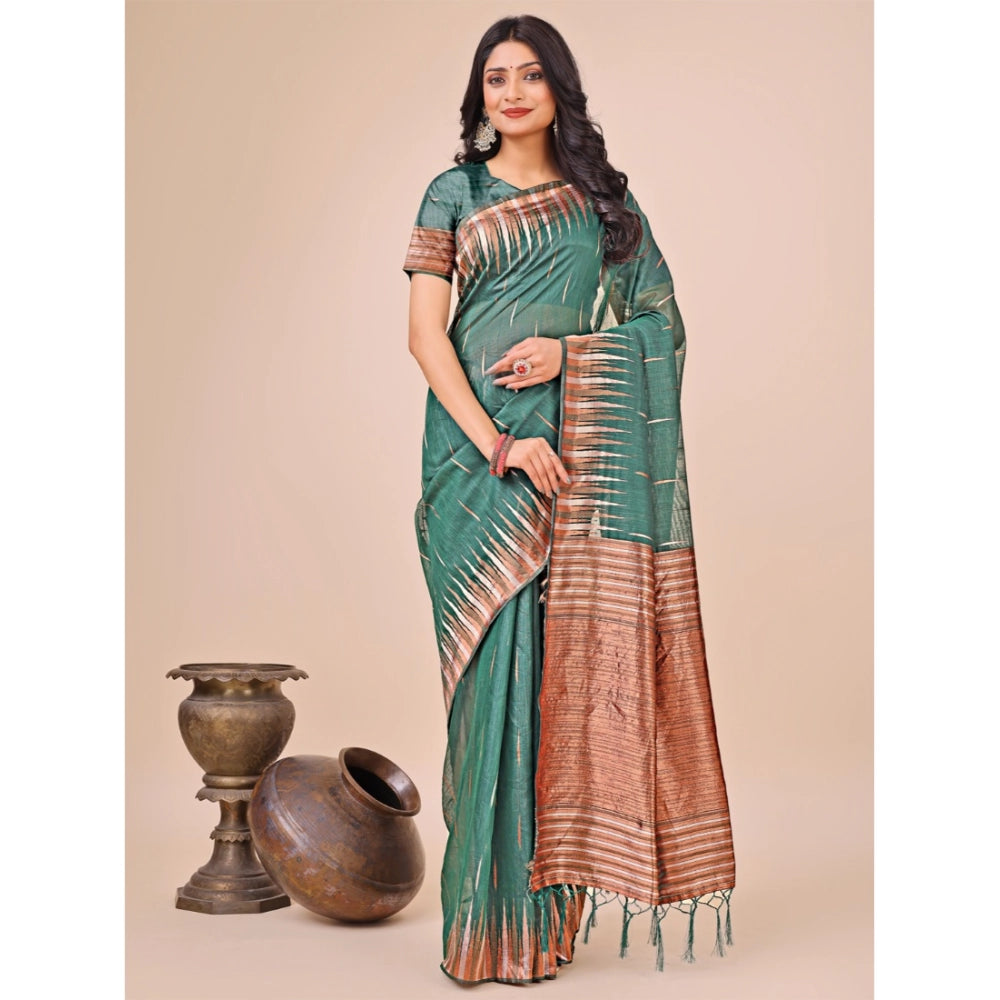 Women's Linen Cotton Printed Saree — Green · 1006