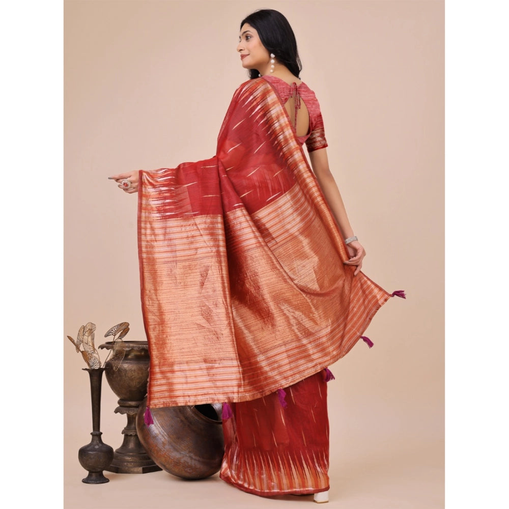 Women's Linen Cotton Printed Saree — Red · 1005