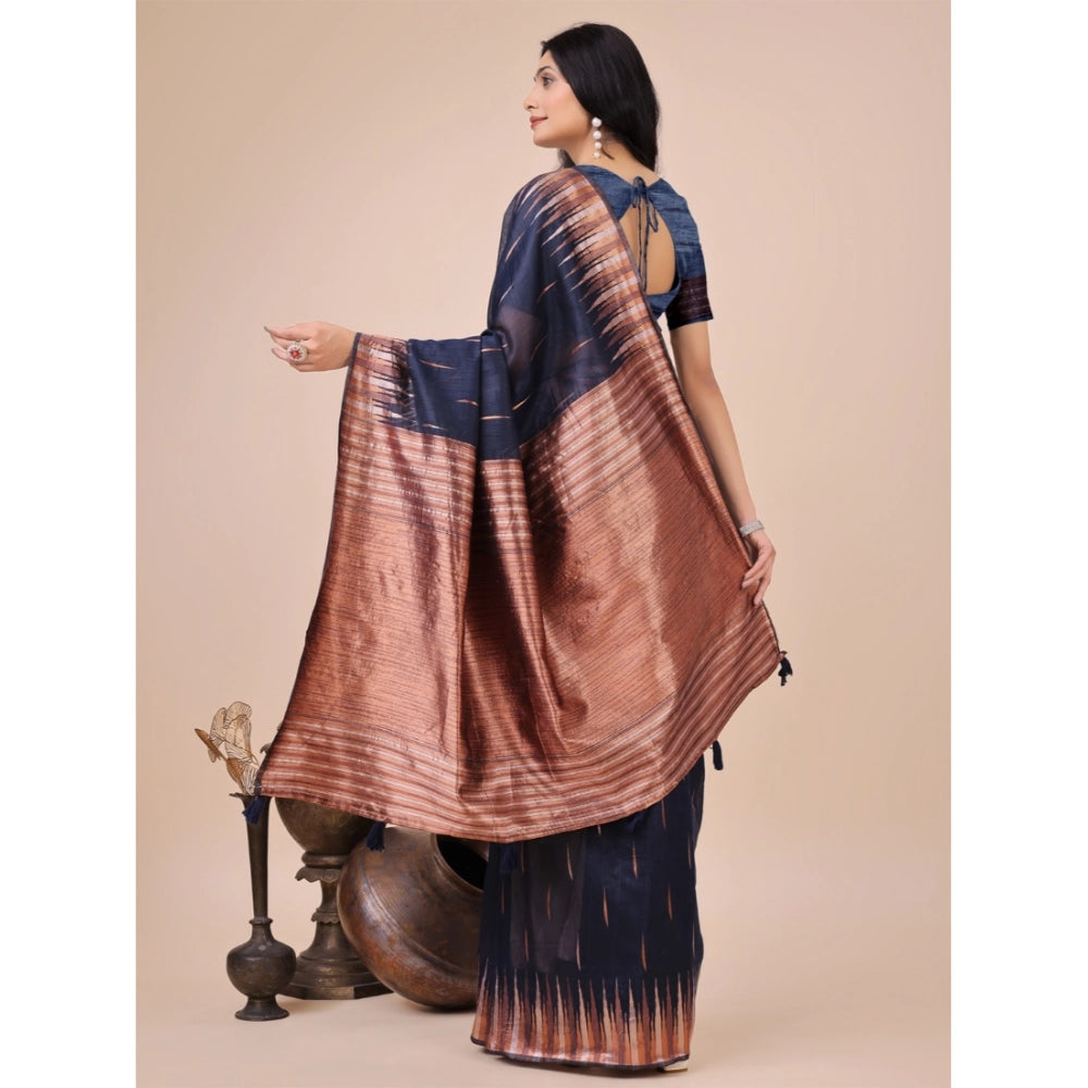 Women's Linen Cotton Printed Saree — Navy Blue · 1004