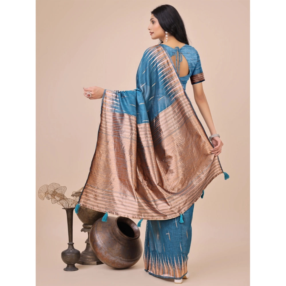 Women's Linen Cotton Printed Saree — Blue · 1002