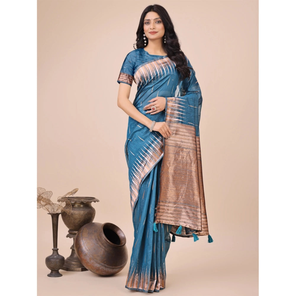 Women's Linen Cotton Printed Saree — Blue · 1002