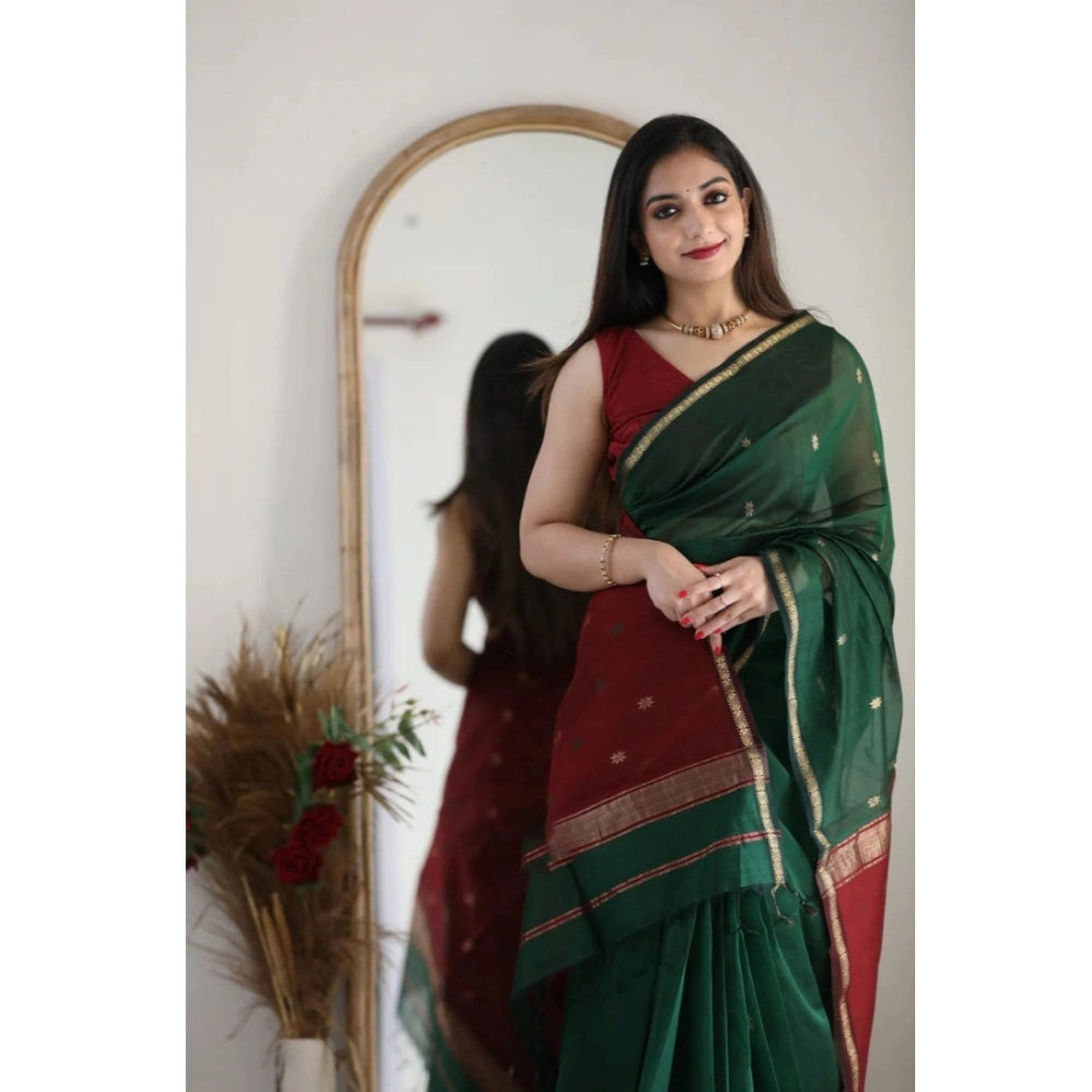 Women's Cotton Printed Saree — Dark Green