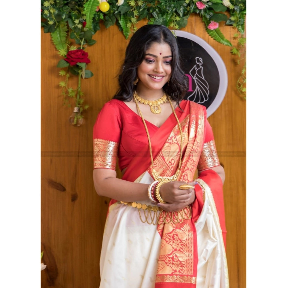 Women's Silk Printed Saree — White-Red