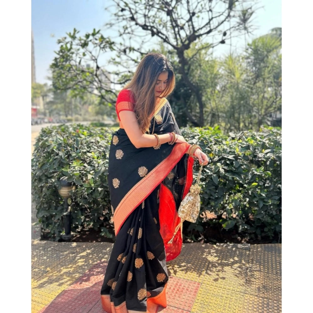 Women's Silk Printed Saree — Black-Red