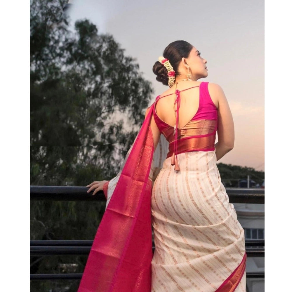 Women's Silk Printed Saree — White-Pink