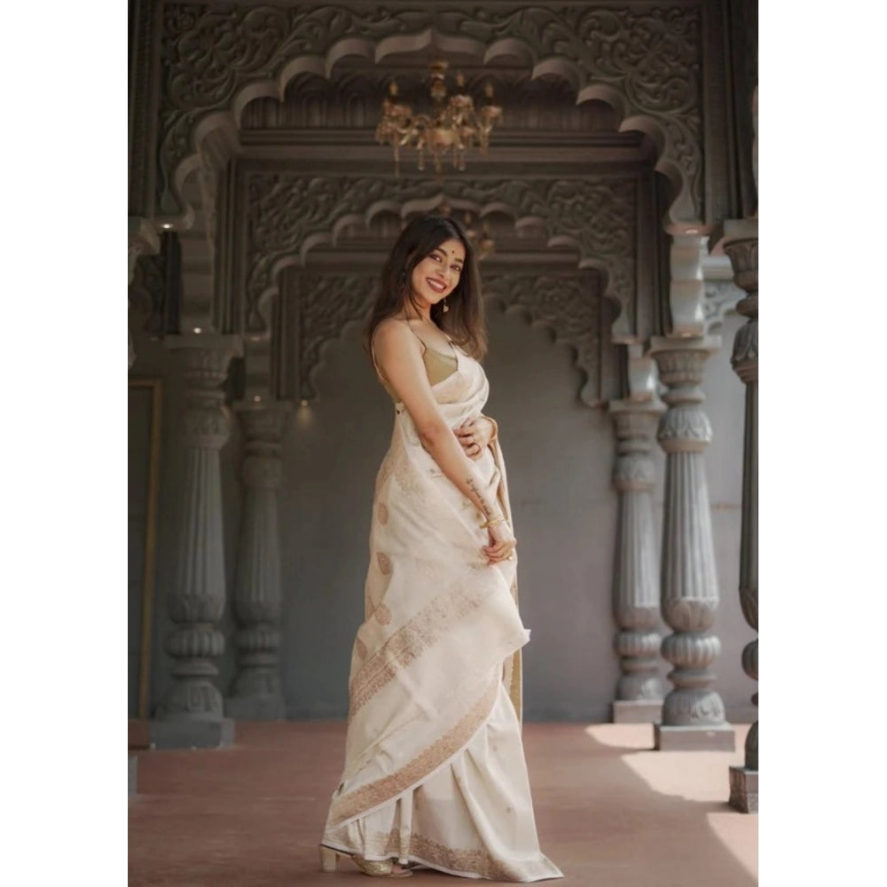 Women's Cotton Printed Saree — Cream · _Crm