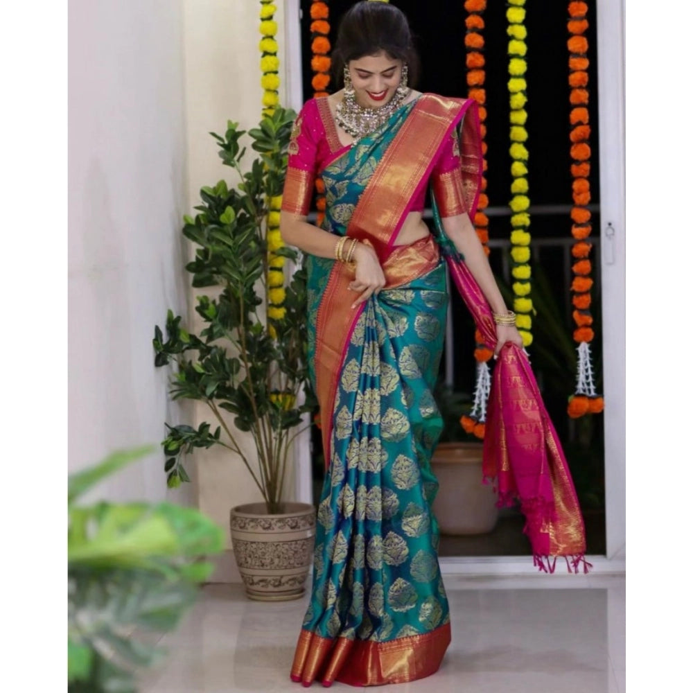 Women's Silk Printed Saree — Teal Blue · _Blu