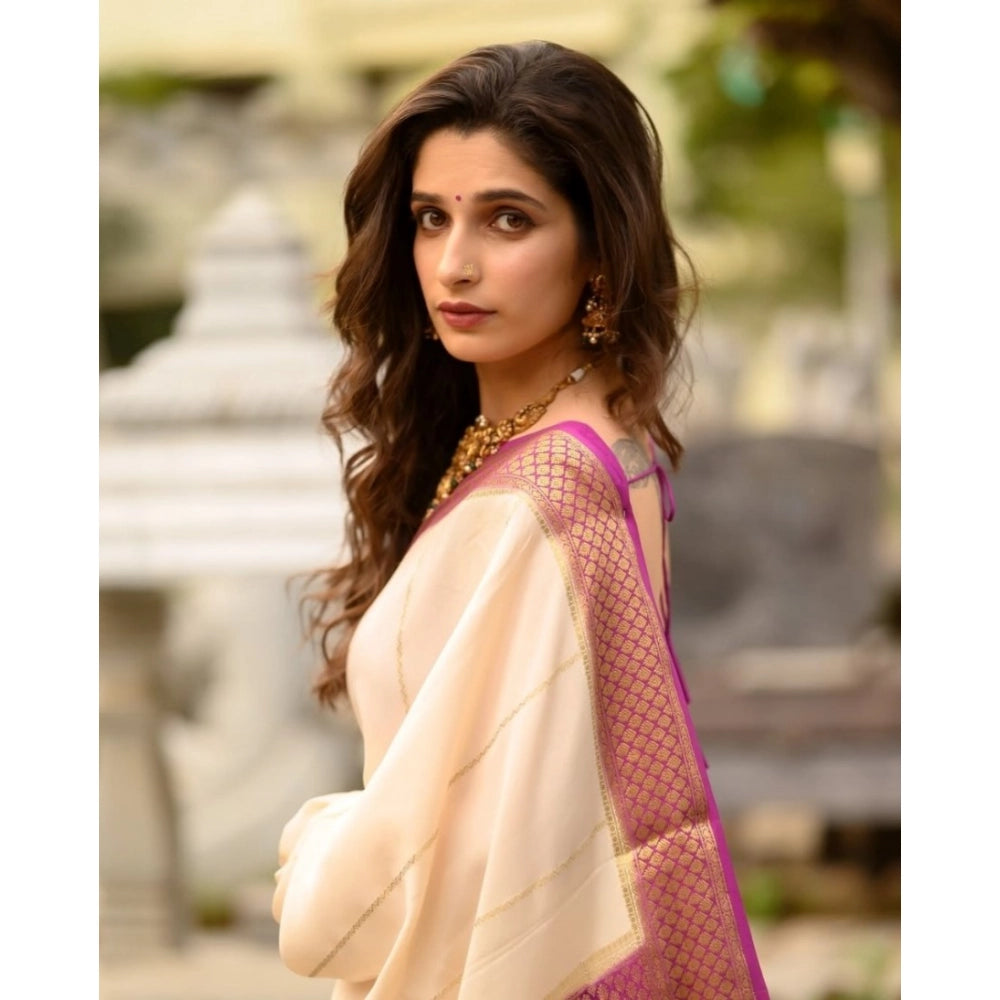 Women's Silk Printed Saree — Off White-Pink
