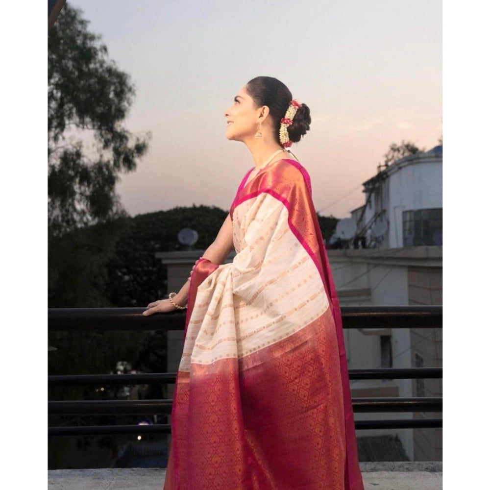 Women's Silk Printed Saree — White-Pink