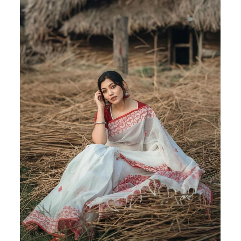 Women's Cotton Printed Saree — White-Red