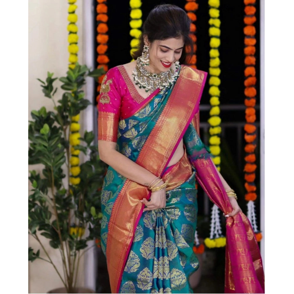 Women's Silk Printed Saree — Teal Blue · _Blu
