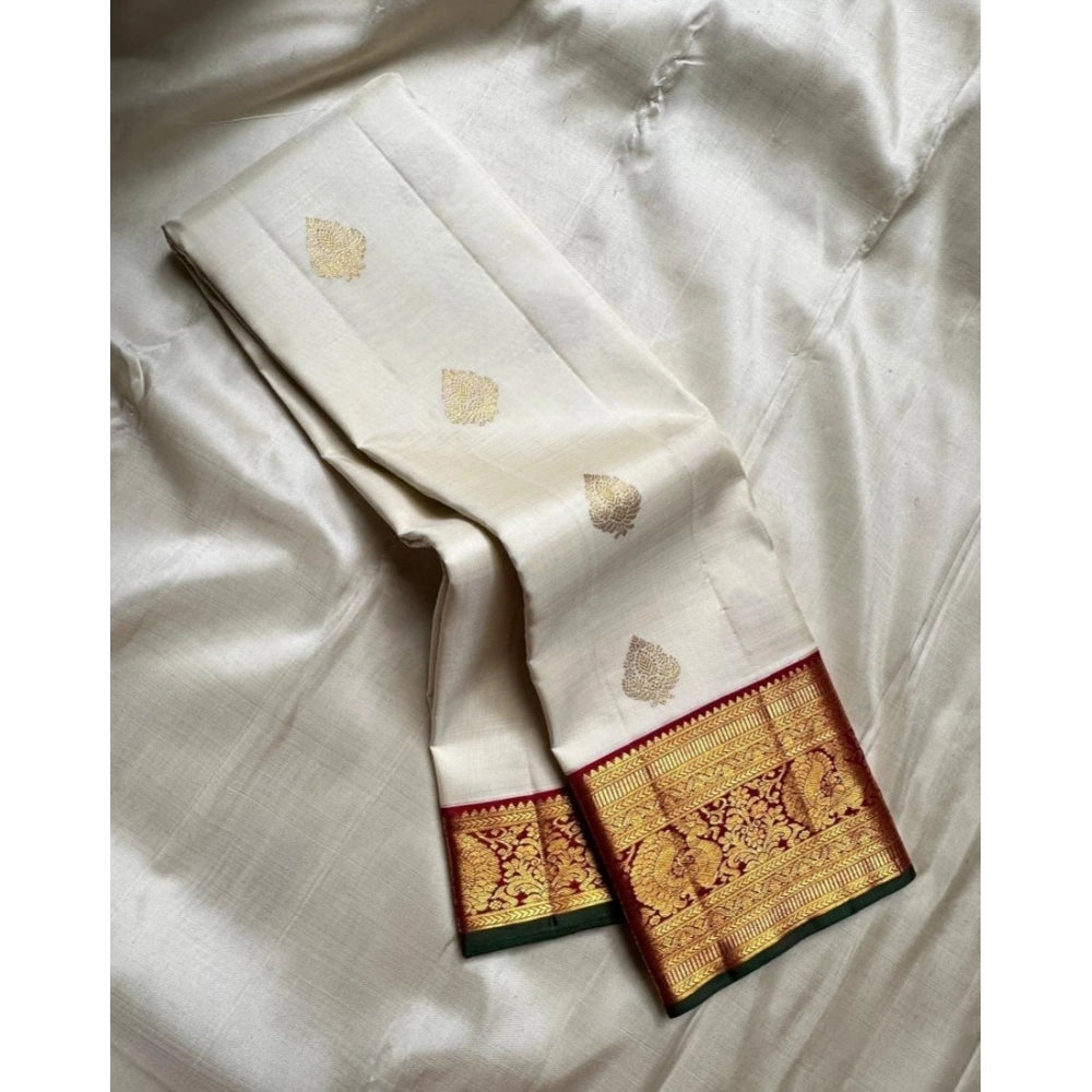 Women's Silk Printed Saree — Off White-Red