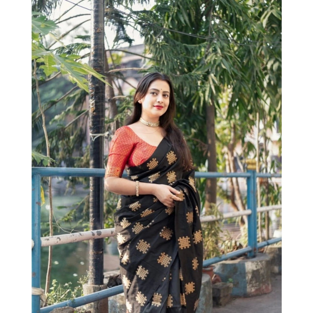 Women's Silk Printed Saree — Blacl-Orange