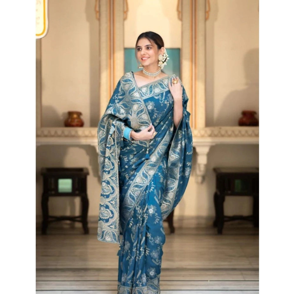 Women's Silk Printed Saree — Teal Blue · _Blu