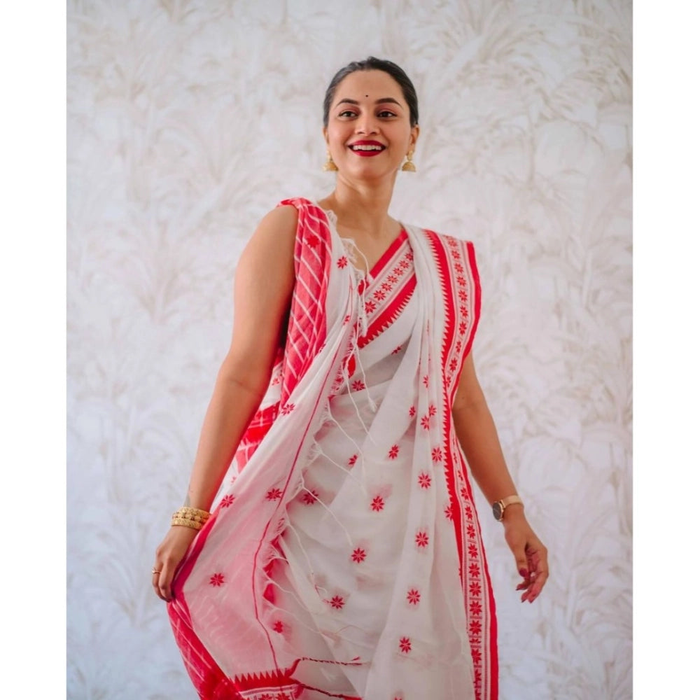 Women's Cotton Printed Saree — White-Pink