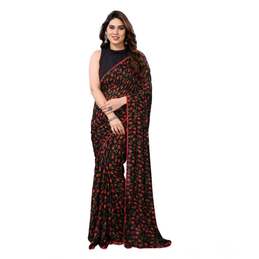 Women's Small Lace Georgette Printed Ready-To-Wear Saree — Black · _Blk