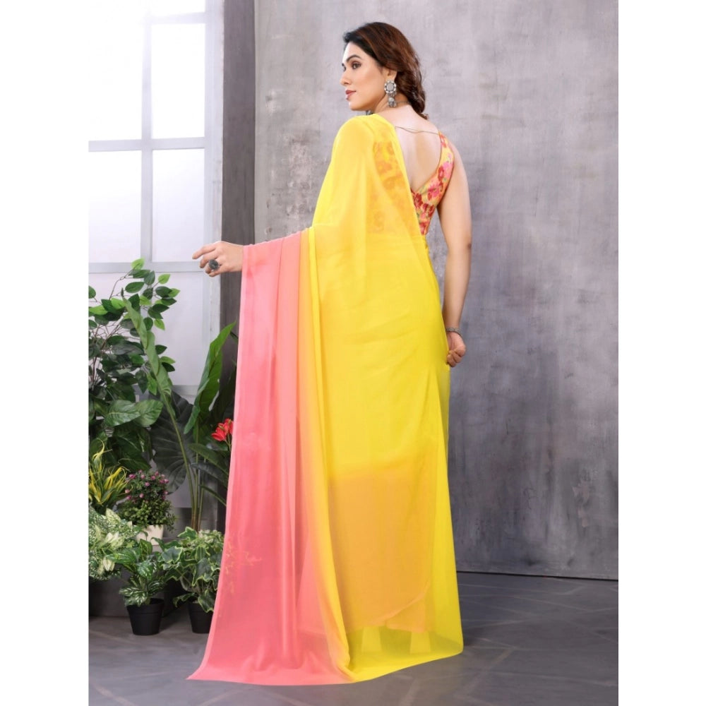 Women's Small Lace Georgette Solid Ready-To-Wear Saree — Pink-Yellow