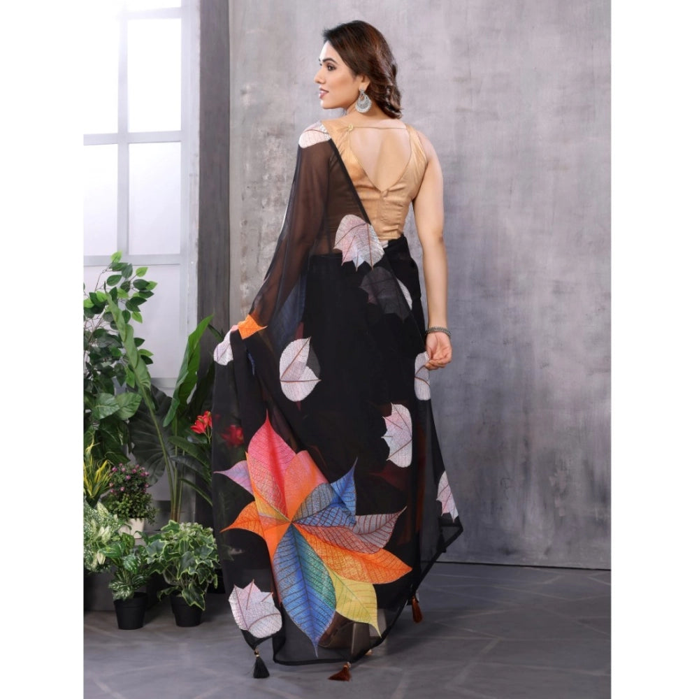 Women's Small Lace Georgette Printed Ready-To-Wear Saree — Black · _Blk