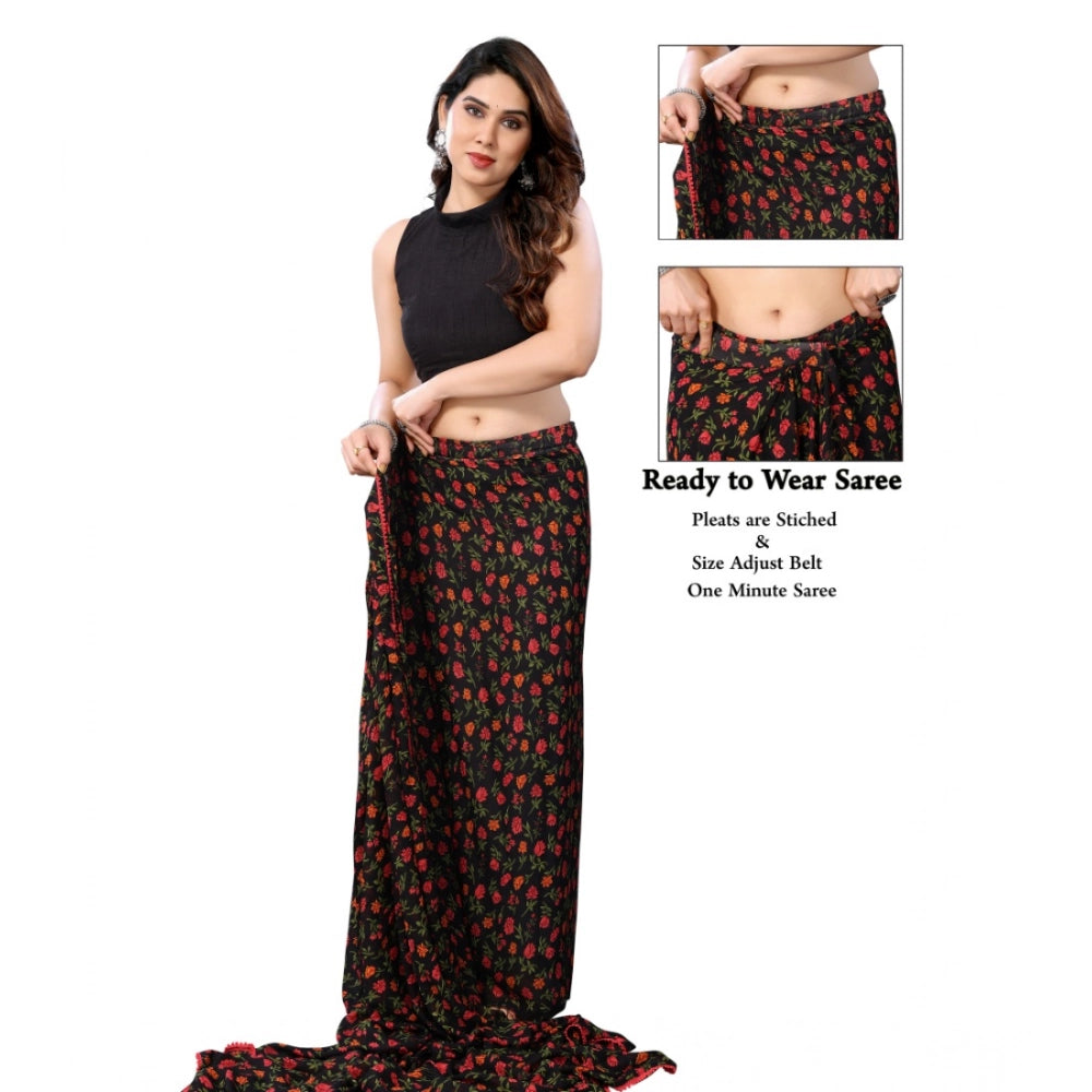 Women's Small Lace Georgette Printed Ready-To-Wear Saree — Black · _Blk