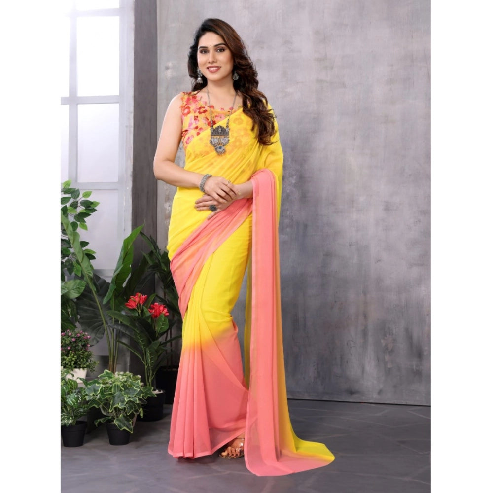 Women's Small Lace Georgette Solid Ready-To-Wear Saree — Pink-Yellow