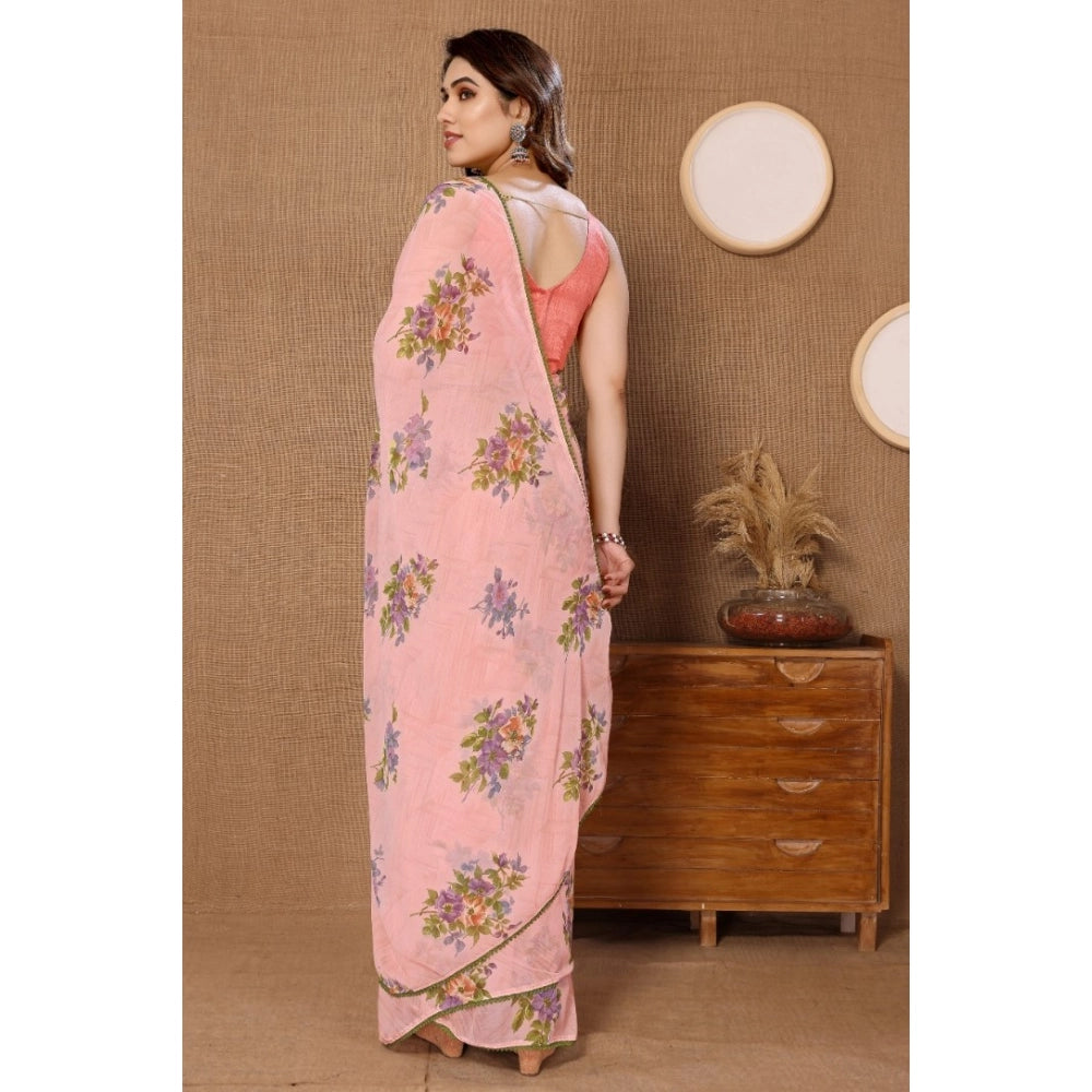 Women's Small Lace Georgette Printed Ready-To-Wear Saree — Peach