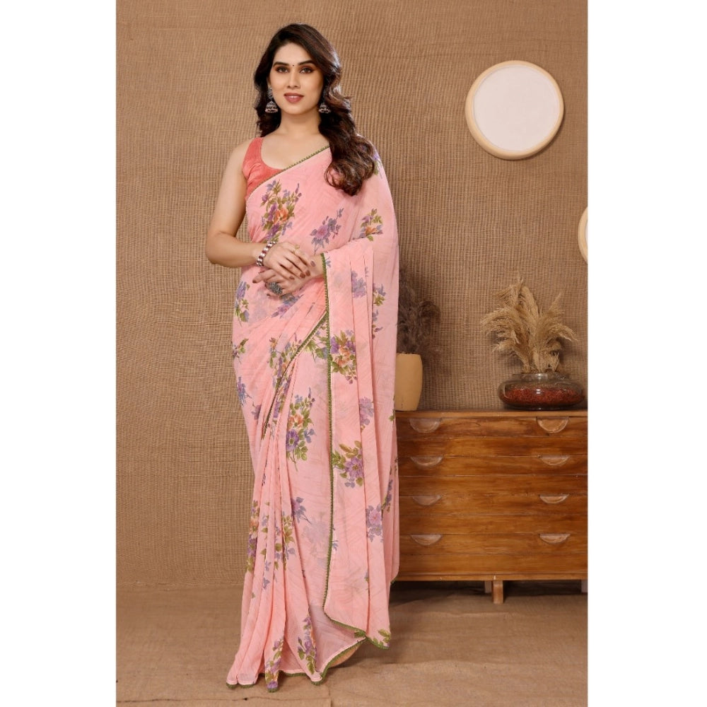 Women's Small Lace Georgette Printed Ready-To-Wear Saree — Peach