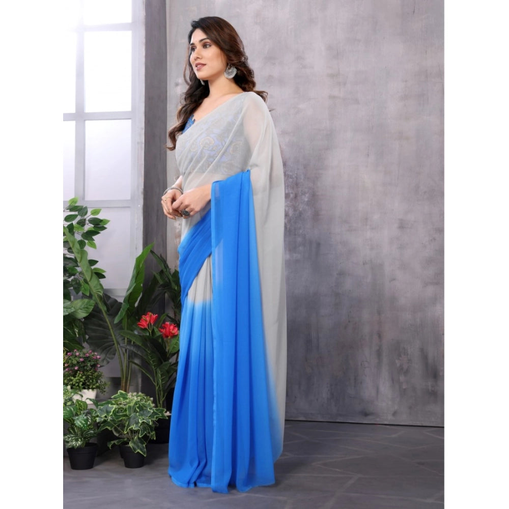 Women's Small Lace Georgette Solid Ready-To-Wear Saree — Grey-Blue