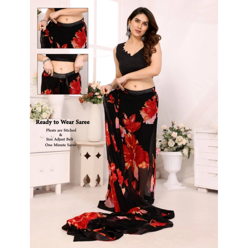 Women's Small Lace Georgette Printed Ready-To-Wear Saree — Black-Red
