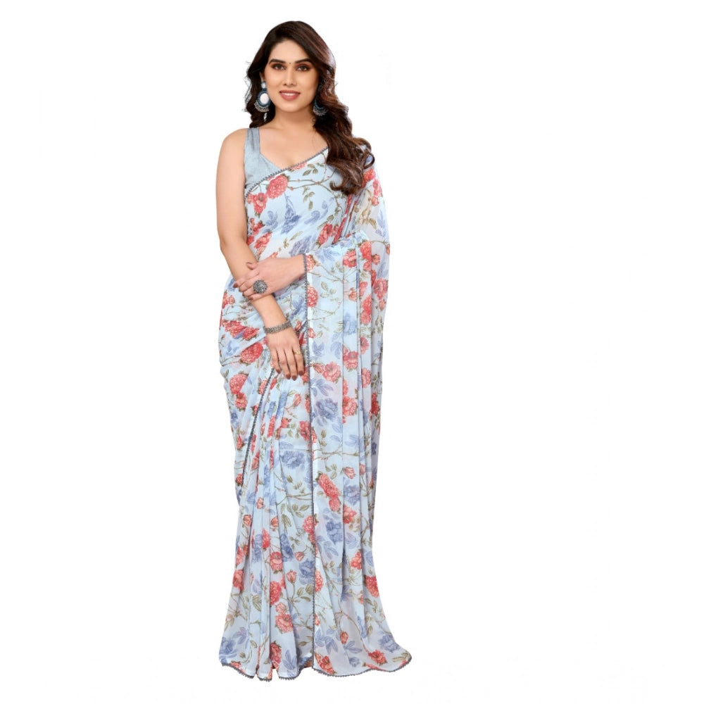 Women's Small Lace Georgette Printed Ready-To-Wear Saree — Sky Blue
