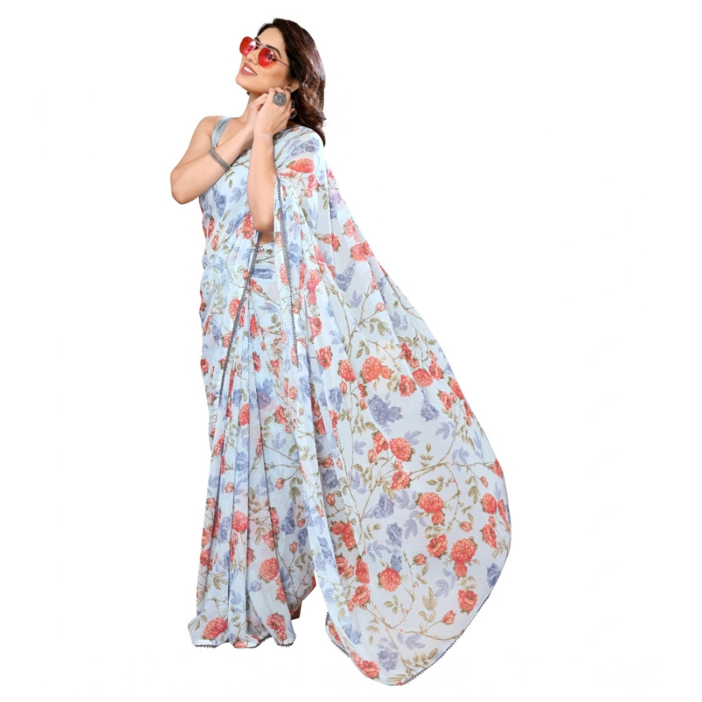 Women's Small Lace Georgette Printed Ready-To-Wear Saree — Sky Blue