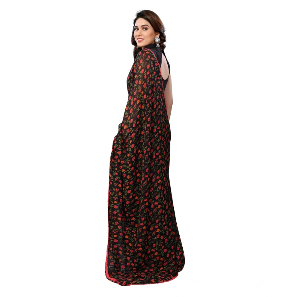 Women's Small Lace Georgette Printed Ready-To-Wear Saree — Black · _Blk