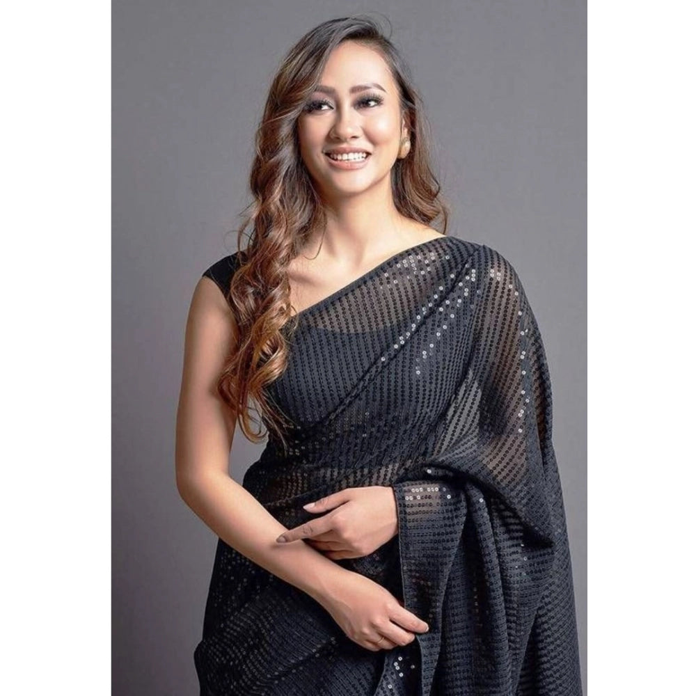 Women's Georgette Embellished Sequnece Bollywood Saree — Black · _Blk