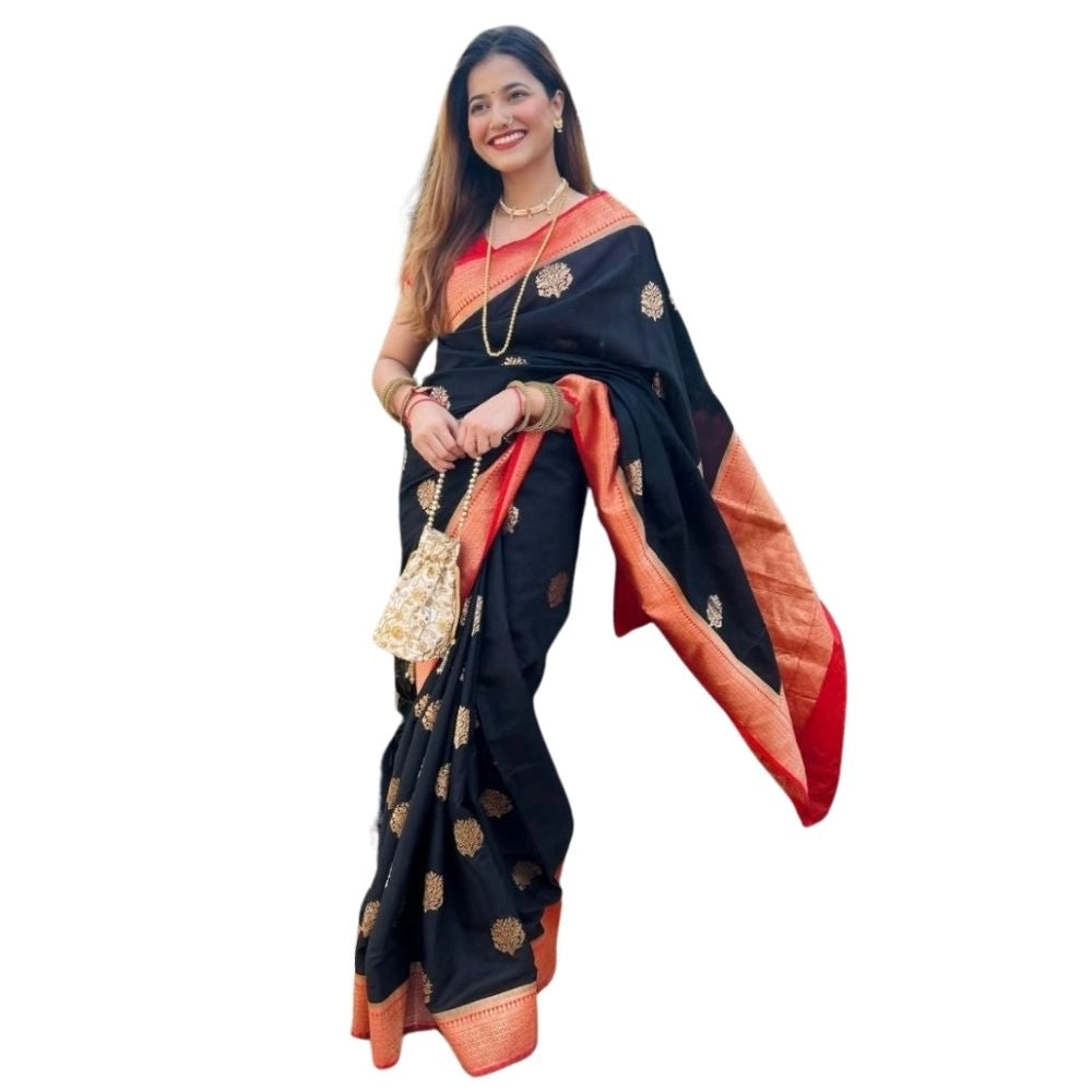 Women's Silk Printed Saree — Black-Red