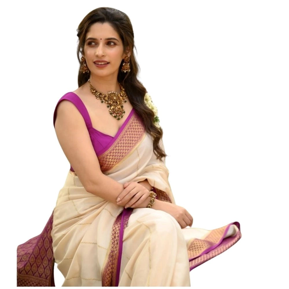 Women's Silk Printed Saree — Off White-Pink