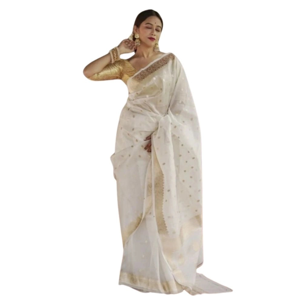 Women's Cotton Printed Saree — White · _Wht