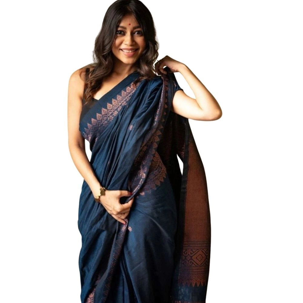 Women's Silk Printed Saree — Navy Blue · _Ble