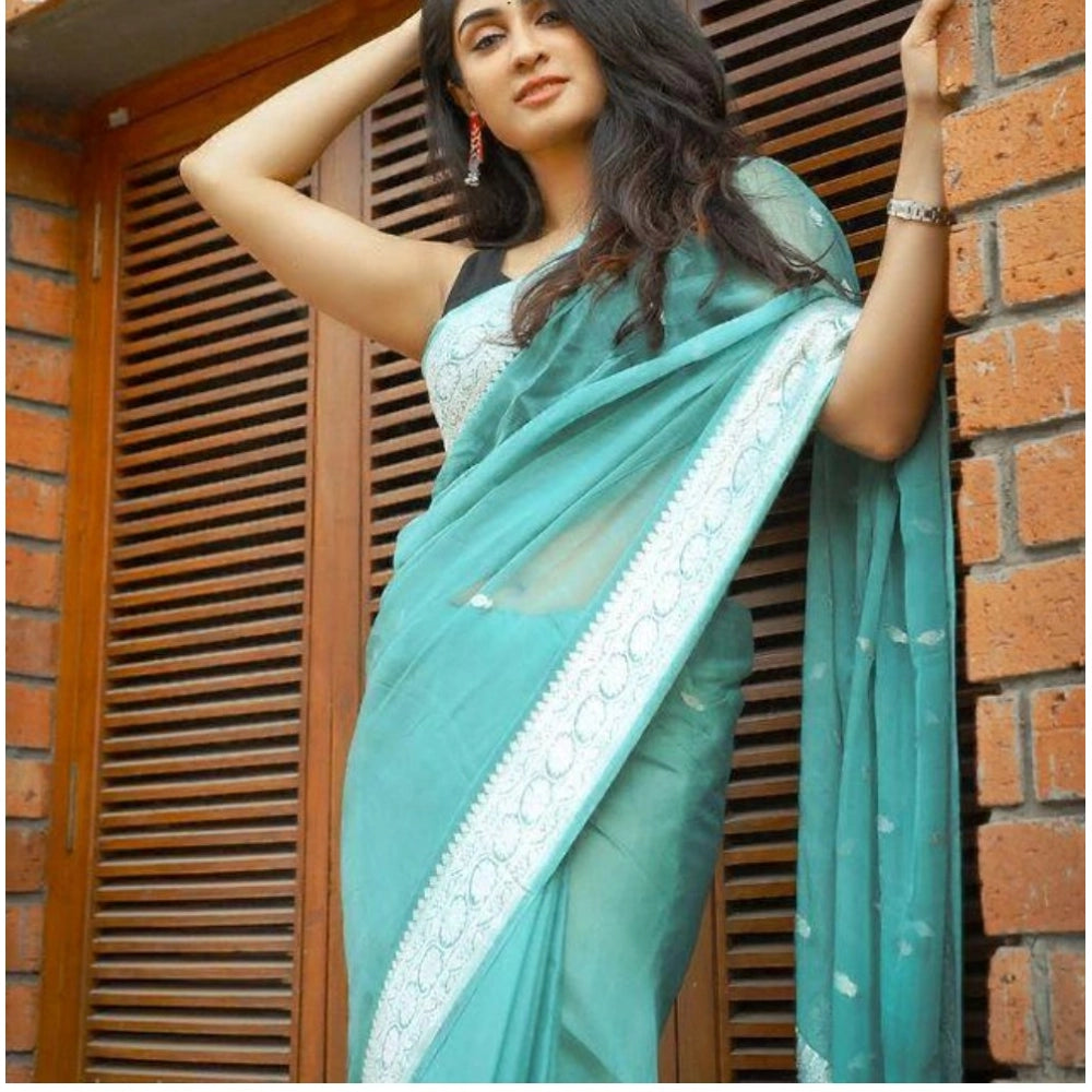Women's Cotton Printed Saree — Sky Blue