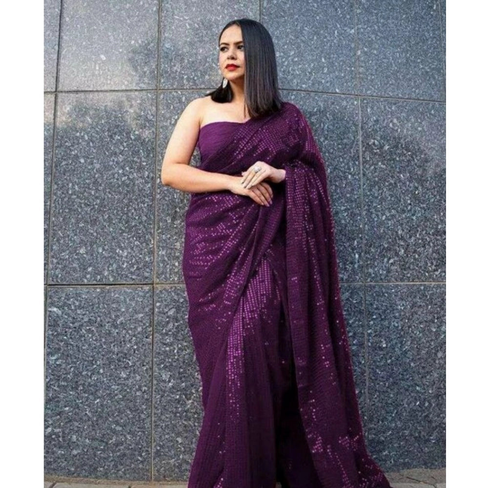 Women's Georgette Embellished Sequnece Bollywood Saree — Purple · Prpl