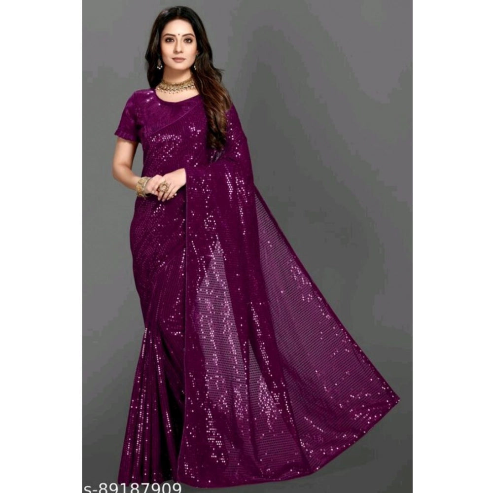 Women's Georgette Embellished Sequnece Bollywood Saree — Purple · Prpl