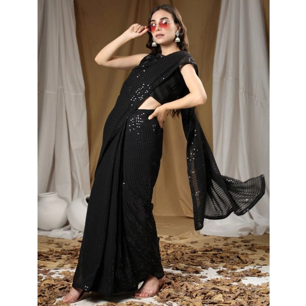Women's Georgette Embellished Sequnece Bollywood Saree — Black · _Blk