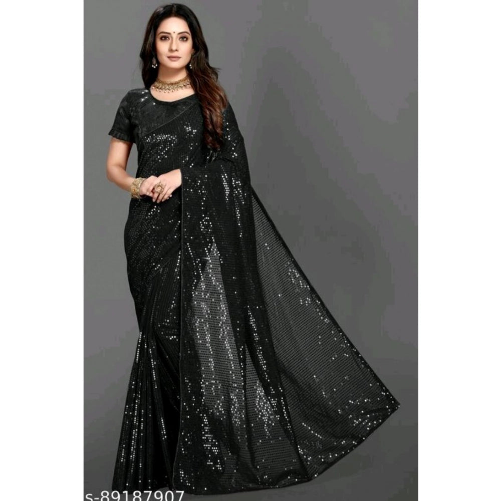 Women's Georgette Embellished Sequnece Bollywood Saree — Black · _Blk