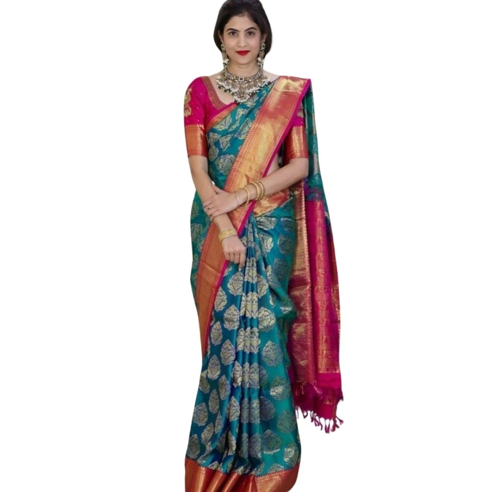 Women's Silk Printed Saree — Teal Blue · _Blu