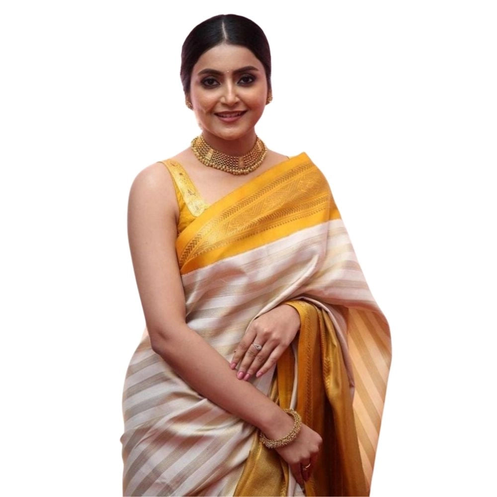 Women's Silk Printed Saree — Off White-Yellow