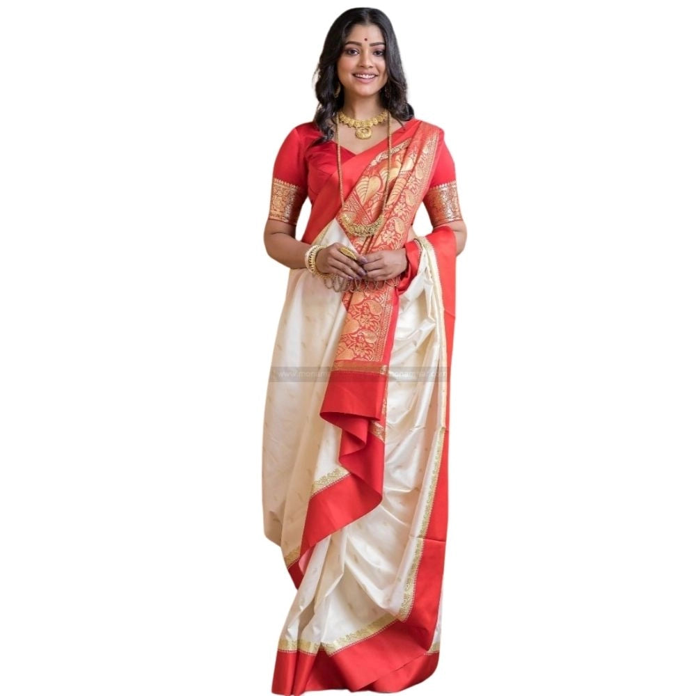 Women's Silk Printed Saree — White-Red
