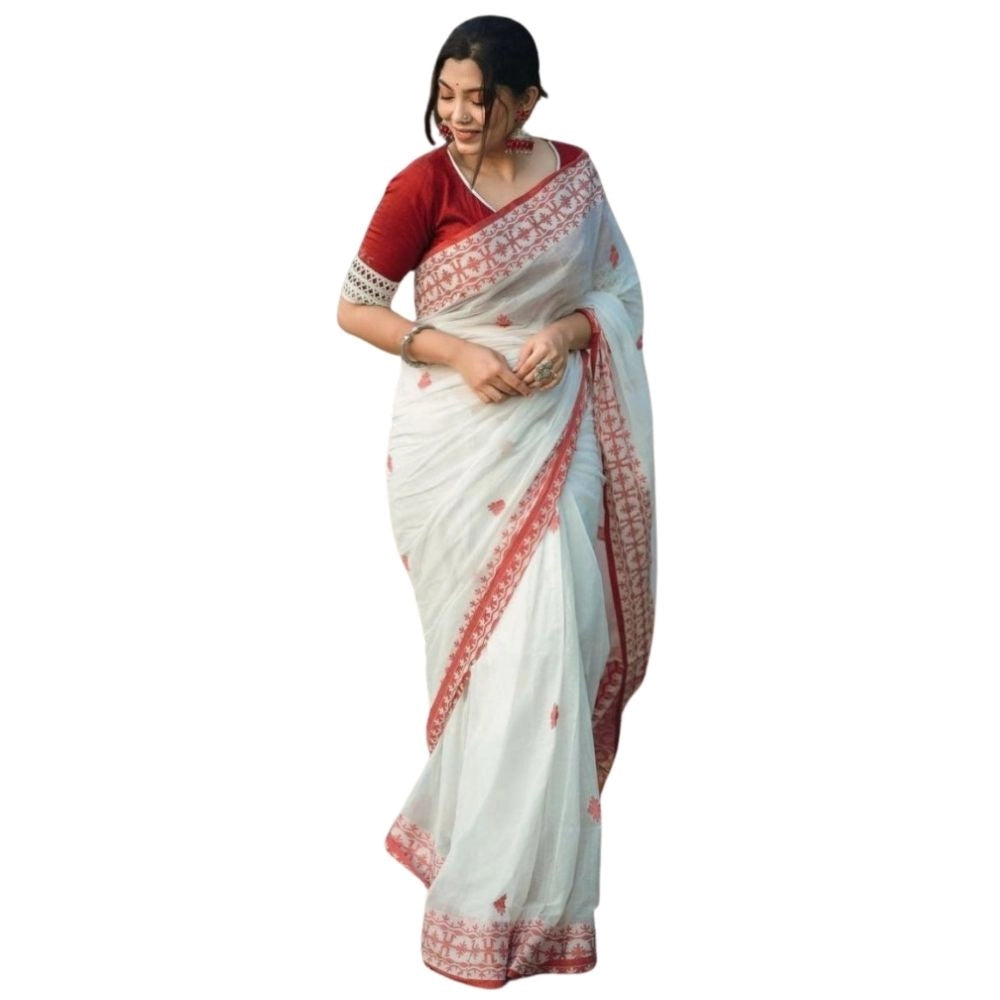 Women's Cotton Printed Saree — White-Red