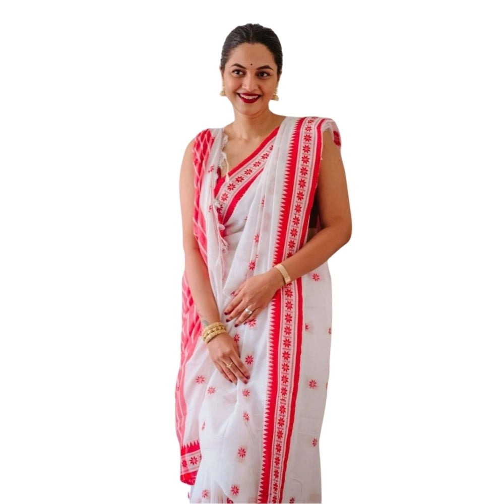 Women's Cotton Printed Saree — White-Pink