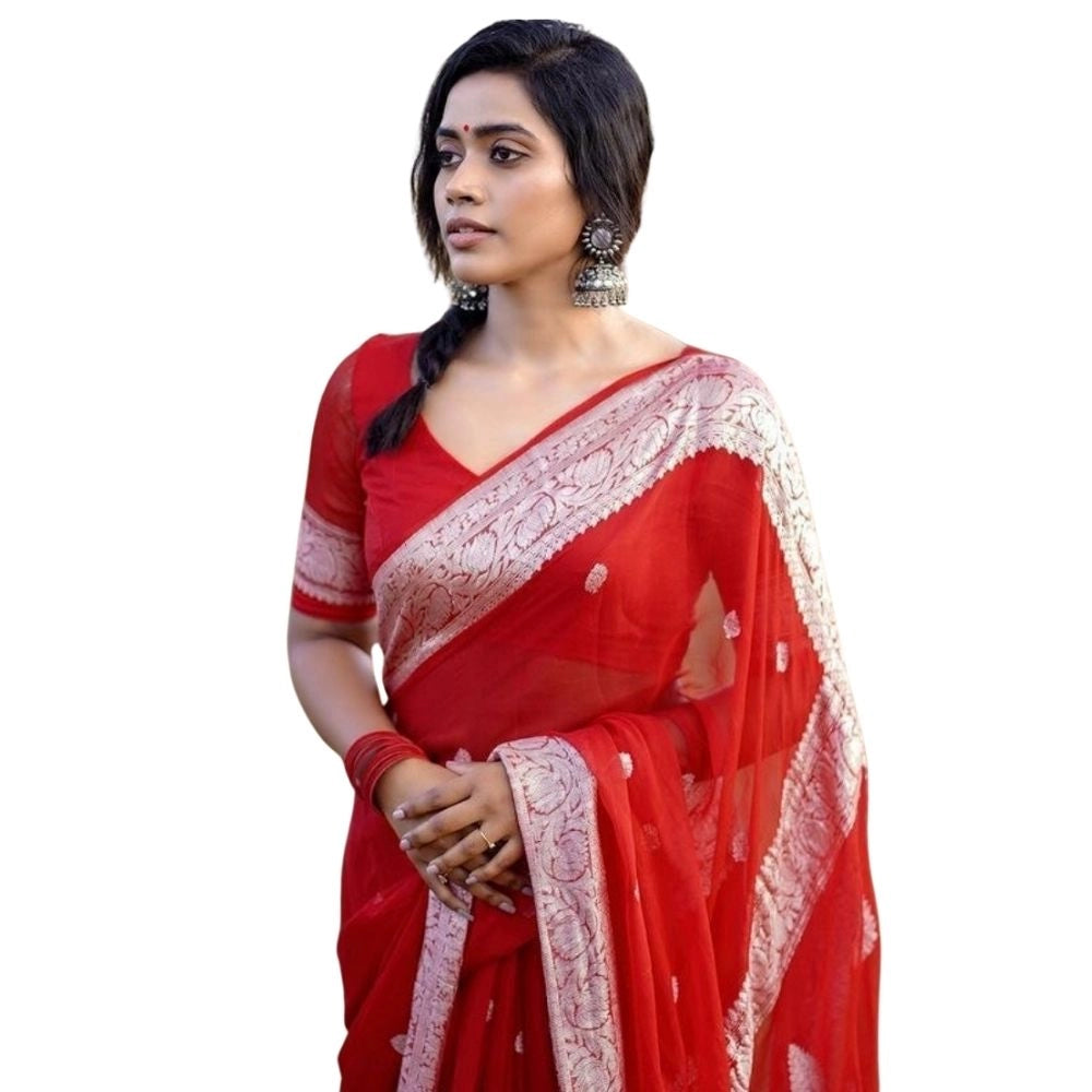 Women's Cotton Printed Saree — Red · _Red