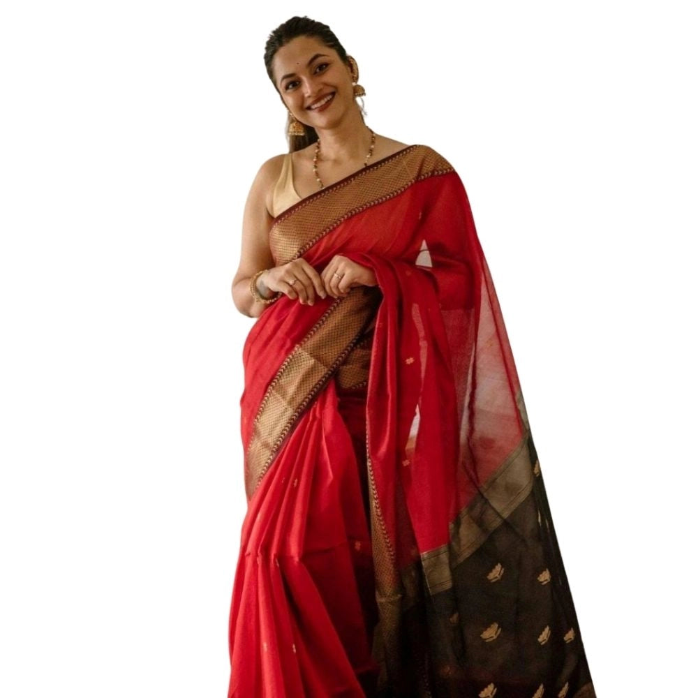 Women's Cotton Printed Saree — Red · _Red