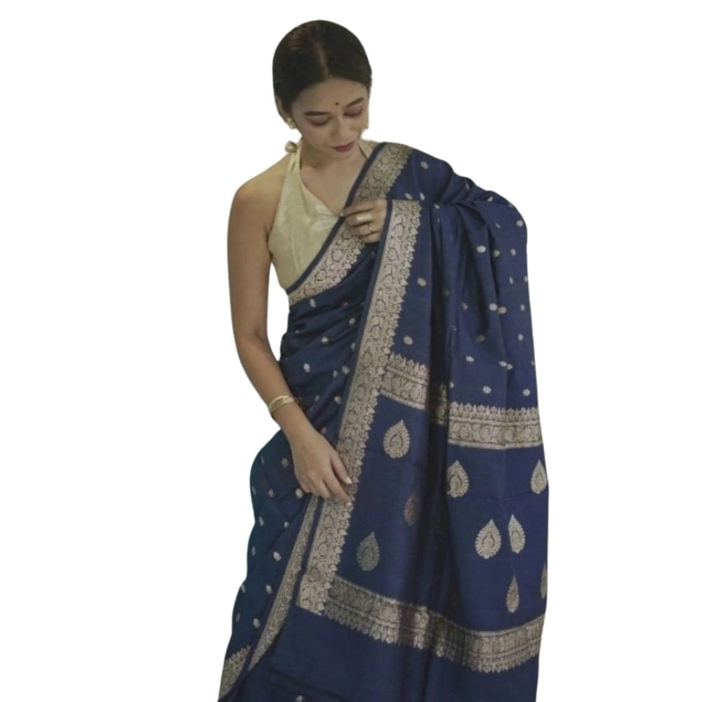 Women's Cotton Printed Saree — Navy Blue · _Ble