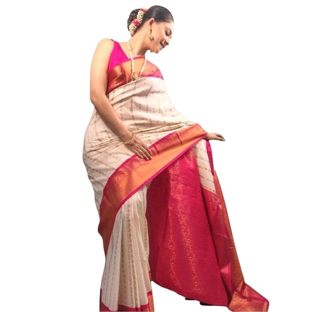 Women's Silk Printed Saree — White-Pink